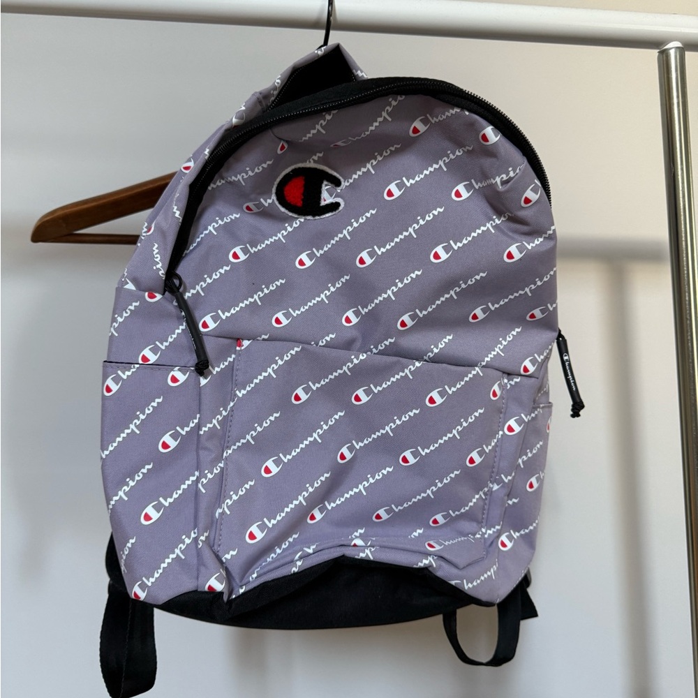 Champion Logo Patterned Backpack in Gray and Black